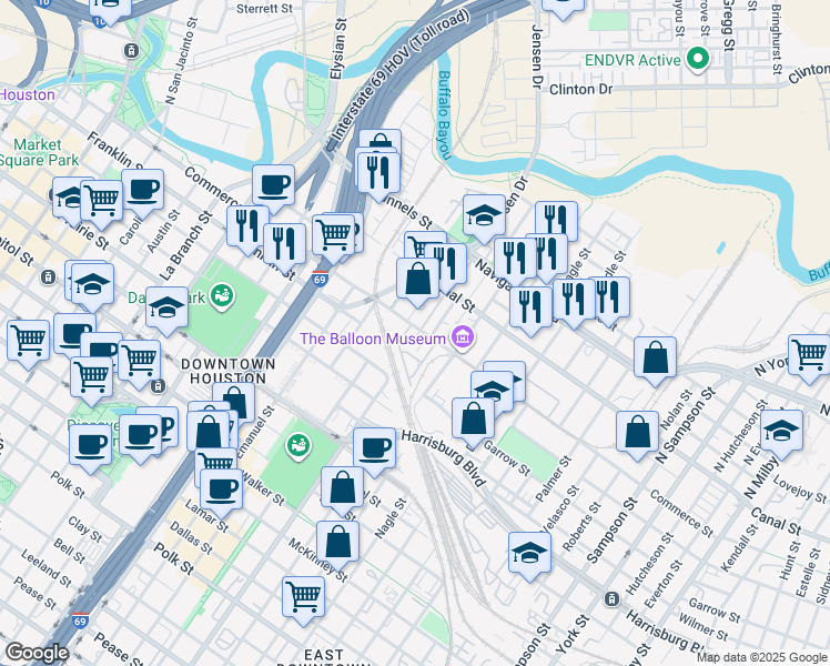 map of restaurants, bars, coffee shops, grocery stores, and more near 2337 Commerce Street in Houston
