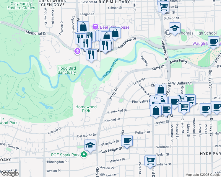 map of restaurants, bars, coffee shops, grocery stores, and more near 2910 Lazy Lane Boulevard in Houston