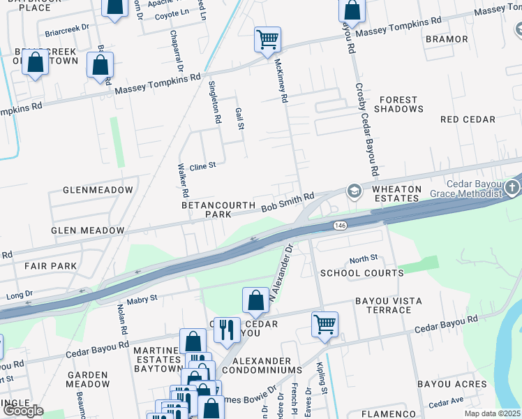 map of restaurants, bars, coffee shops, grocery stores, and more near 1602 Bob Smith Road in Baytown