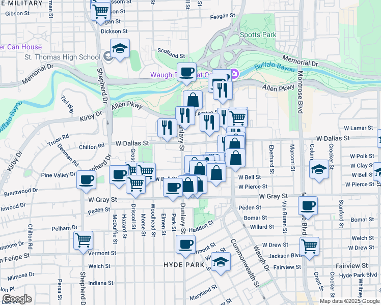 map of restaurants, bars, coffee shops, grocery stores, and more near 3431 West Dallas Street in Houston