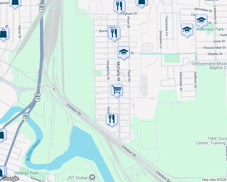 map of restaurants, bars, coffee shops, grocery stores, and more near 8010 Buchanan Street in Houston