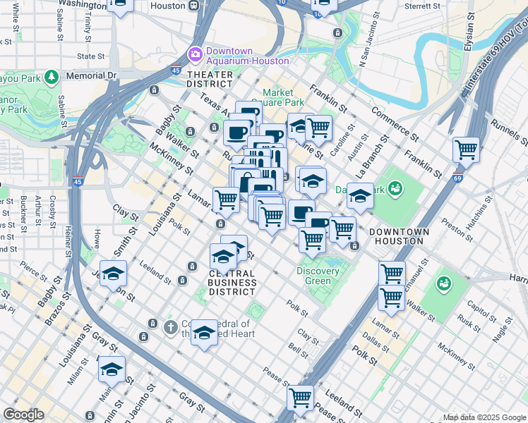 map of restaurants, bars, coffee shops, grocery stores, and more near 806 San Jacinto Street in Houston