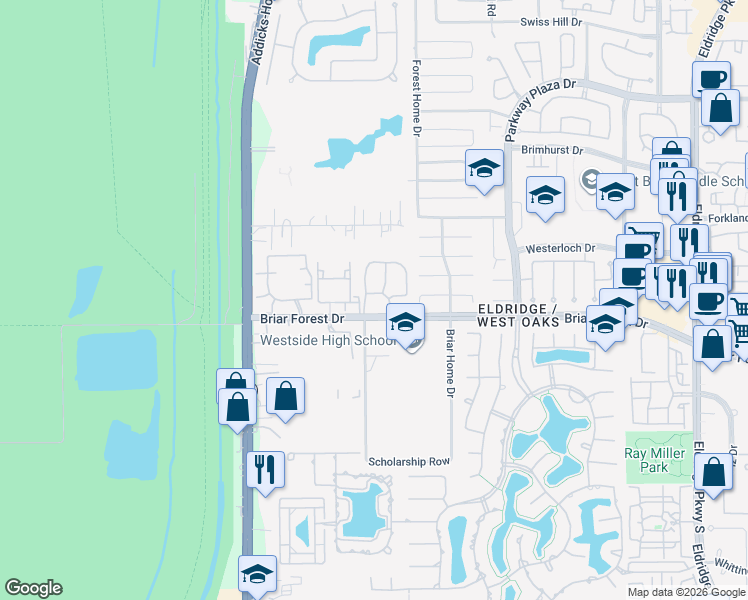 map of restaurants, bars, coffee shops, grocery stores, and more near 14504 Briar Forest Drive in Houston
