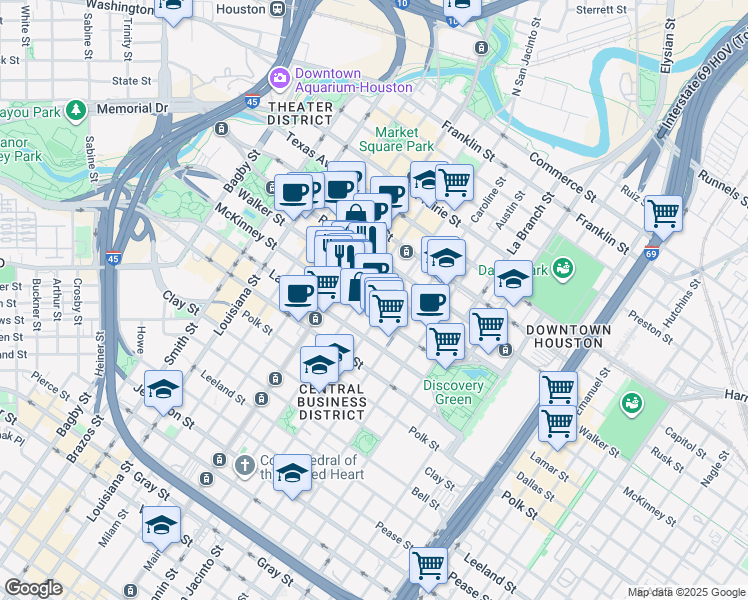 map of restaurants, bars, coffee shops, grocery stores, and more near 901 Fannin Street in Houston