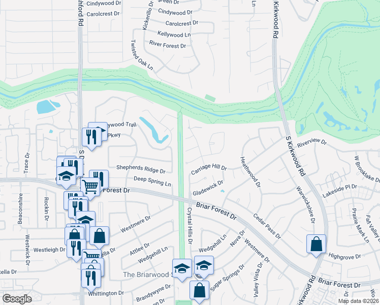 map of restaurants, bars, coffee shops, grocery stores, and more near 12202 Clearfork Drive in Houston