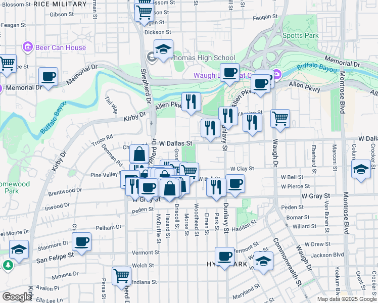 map of restaurants, bars, coffee shops, grocery stores, and more near 3525 West Dallas Street in Houston