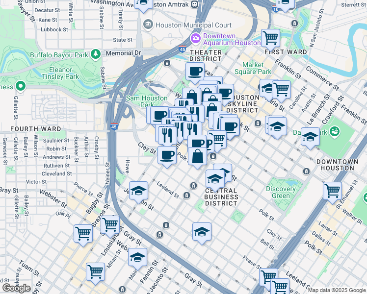 map of restaurants, bars, coffee shops, grocery stores, and more near 1201 Louisiana Street in Houston