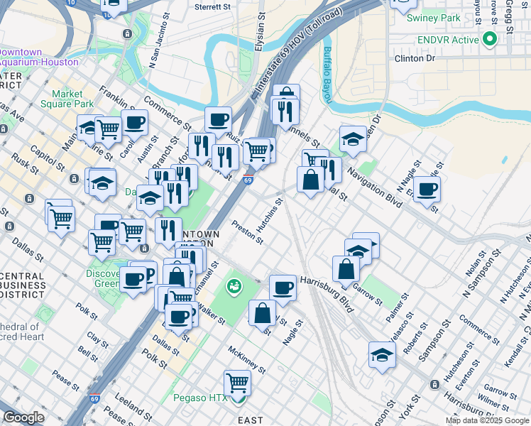 map of restaurants, bars, coffee shops, grocery stores, and more near 2104 Franklin Street in Houston