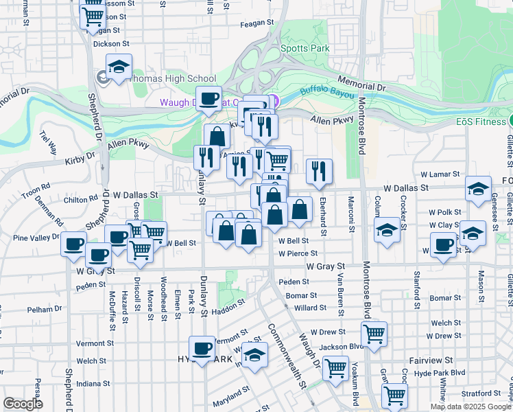 map of restaurants, bars, coffee shops, grocery stores, and more near 1021 Rosine Street in Houston