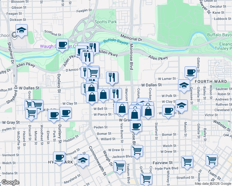map of restaurants, bars, coffee shops, grocery stores, and more near 1008 Van Buren Street in Houston
