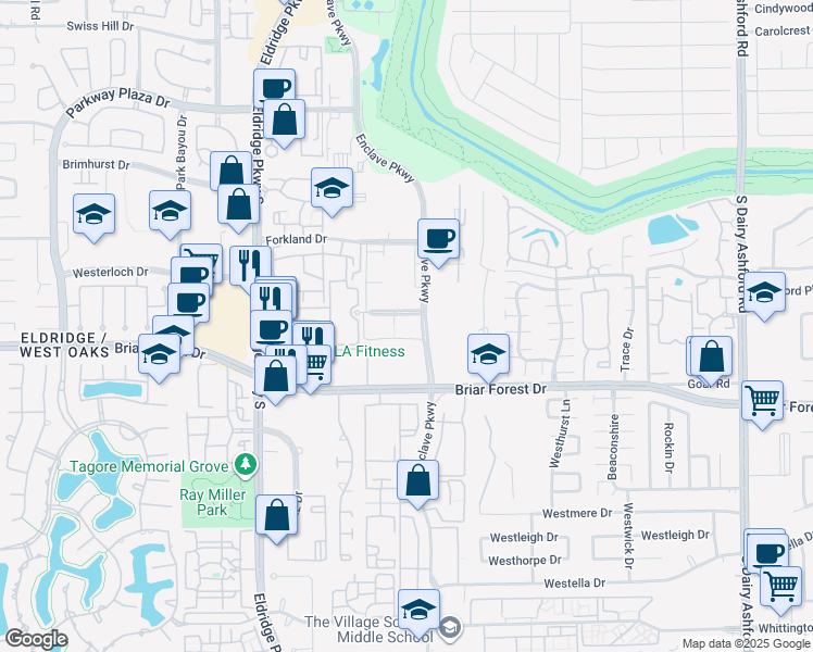 map of restaurants, bars, coffee shops, grocery stores, and more near 1414 Enclave Parkway in Houston