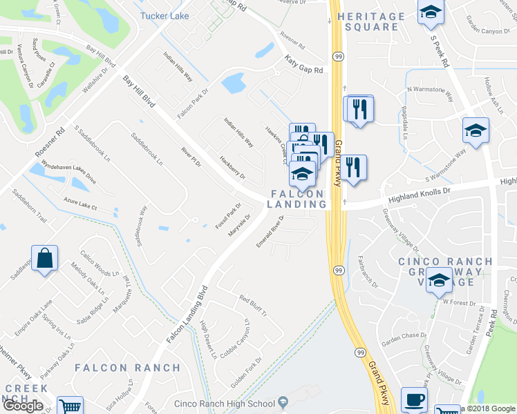map of restaurants, bars, coffee shops, grocery stores, and more near 23602 River Place Drive in Katy