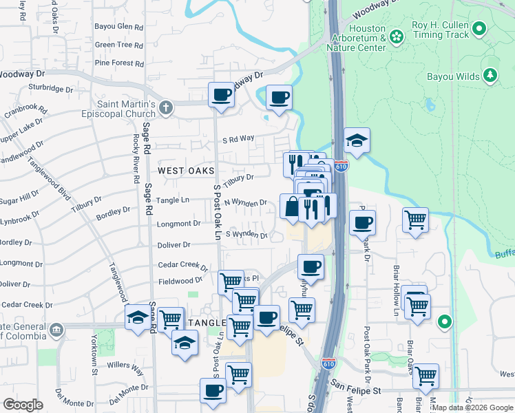 map of restaurants, bars, coffee shops, grocery stores, and more near 110 North Wynden Estates Court in Houston