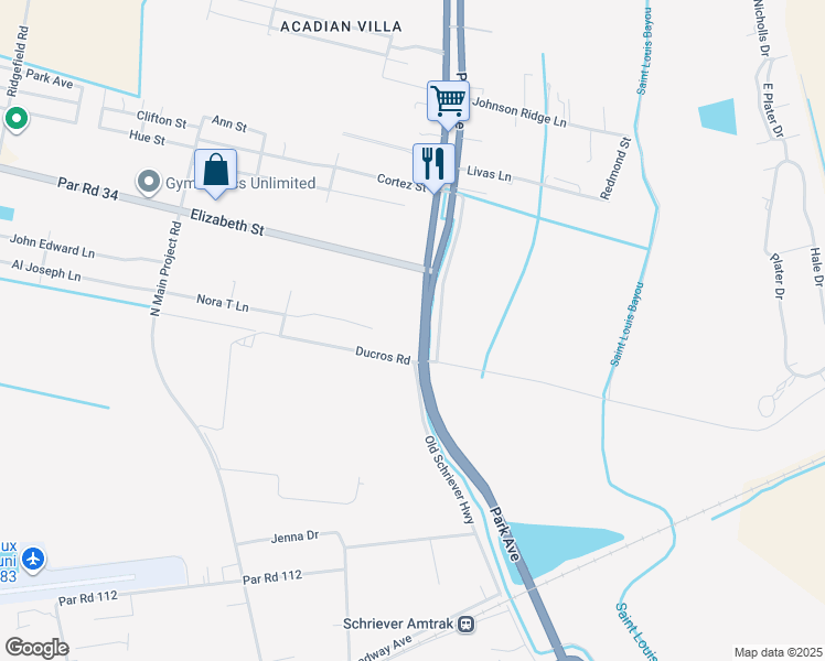 map of restaurants, bars, coffee shops, grocery stores, and more near 736 West Main Street in Thibodaux