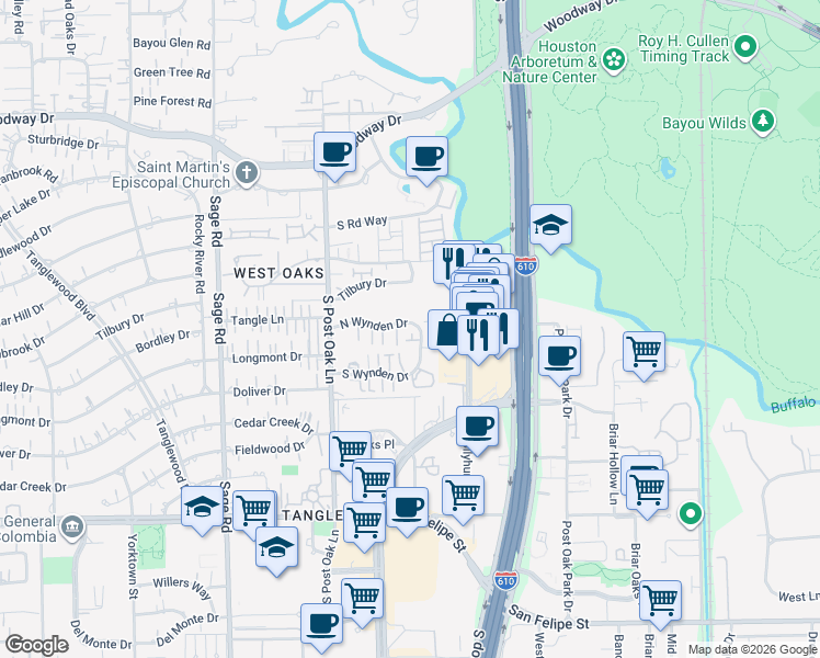 map of restaurants, bars, coffee shops, grocery stores, and more near 110 North Wynden Estates Court in Houston