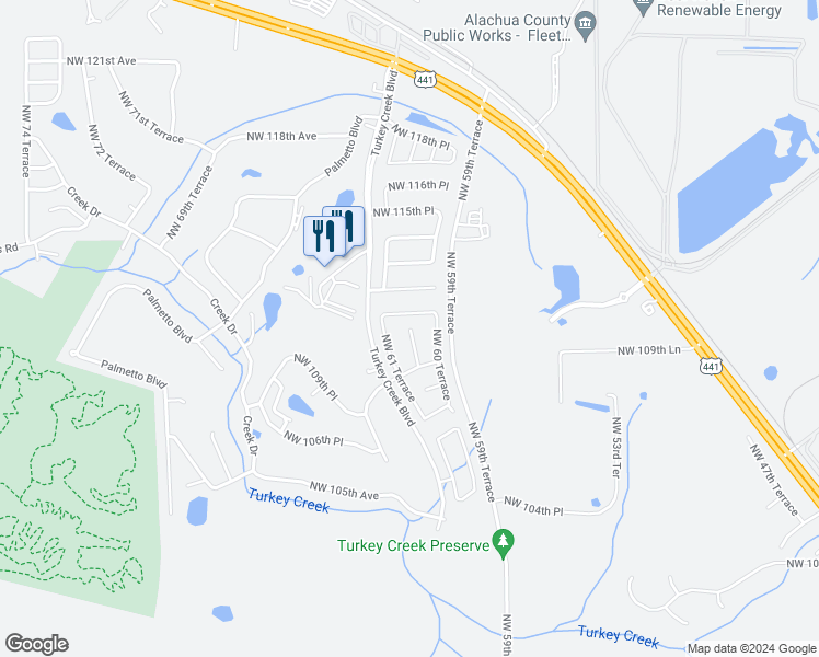 map of restaurants, bars, coffee shops, grocery stores, and more near 11067 Northwest 60th Drive in Alachua