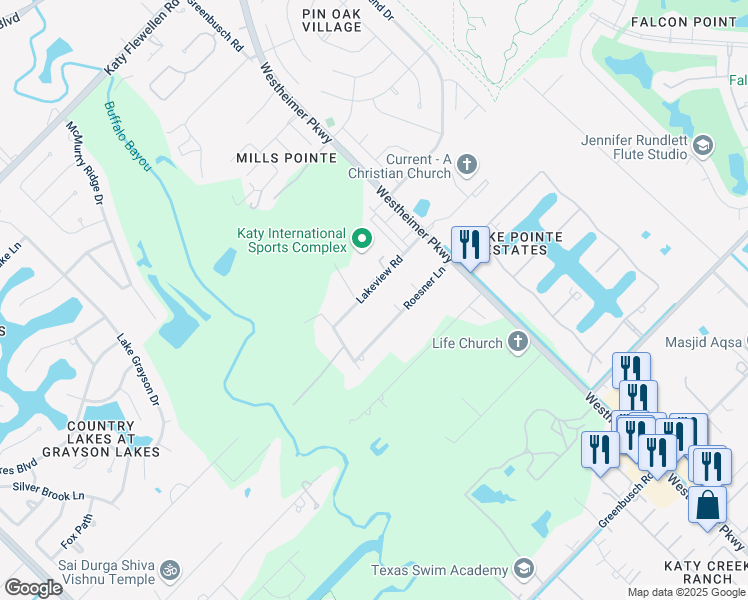 map of restaurants, bars, coffee shops, grocery stores, and more near 25121A Lakeview Road in Katy