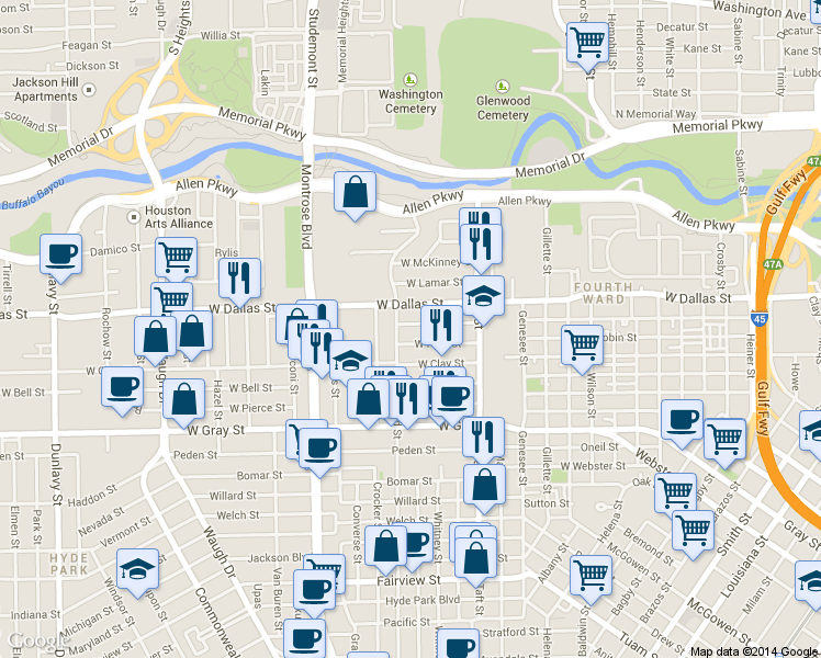 map of restaurants, bars, coffee shops, grocery stores, and more near 514 West Saulnier Street in Houston