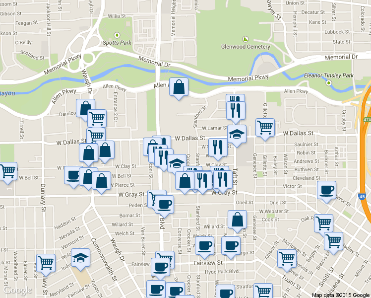 map of restaurants, bars, coffee shops, grocery stores, and more near 1013 Crocker Street in Houston