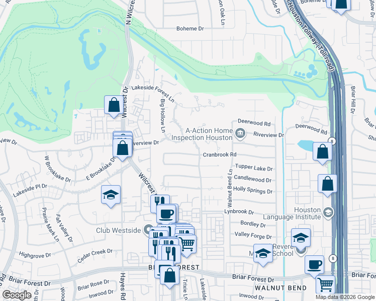 map of restaurants, bars, coffee shops, grocery stores, and more near 10911 Riverview Drive in Houston