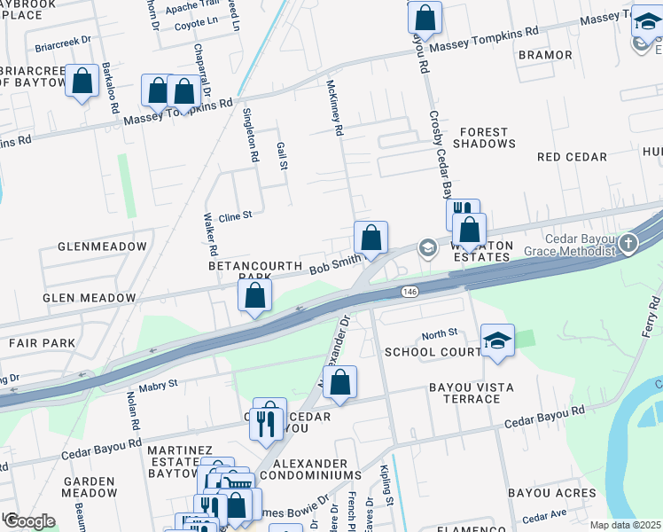 map of restaurants, bars, coffee shops, grocery stores, and more near 1631 Bob Smith Road in Baytown