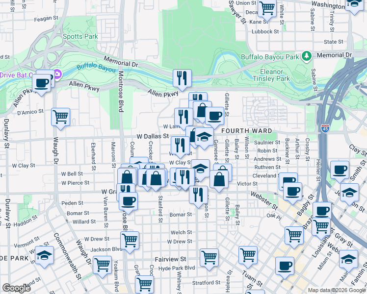 map of restaurants, bars, coffee shops, grocery stores, and more near 314 West Saulnier Street in Houston