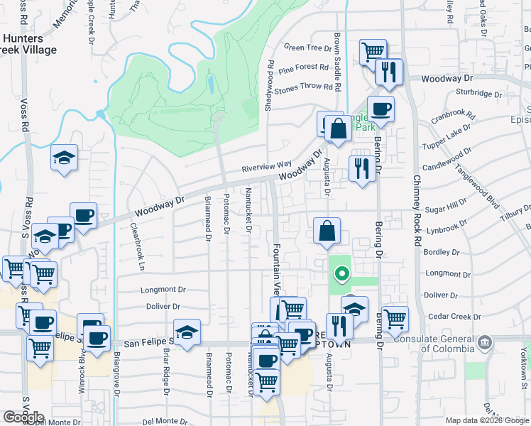 map of restaurants, bars, coffee shops, grocery stores, and more near 1025 Nantucket Drive in Houston