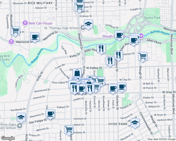 map of restaurants, bars, coffee shops, grocery stores, and more near 1005 Shepherd Drive in Houston