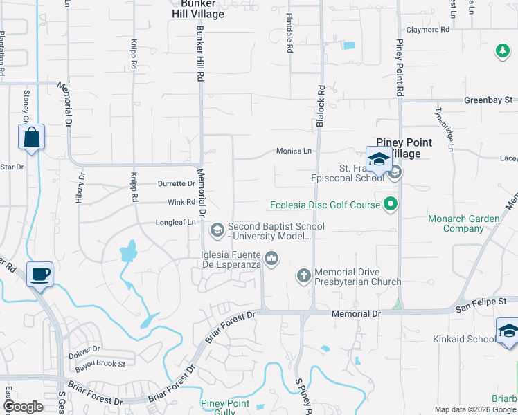 map of restaurants, bars, coffee shops, grocery stores, and more near 11638 Green Oaks Drive in Houston