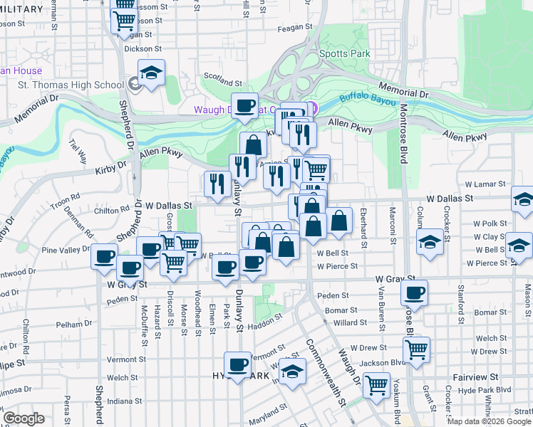 map of restaurants, bars, coffee shops, grocery stores, and more near 3203 West Dallas Street in Houston