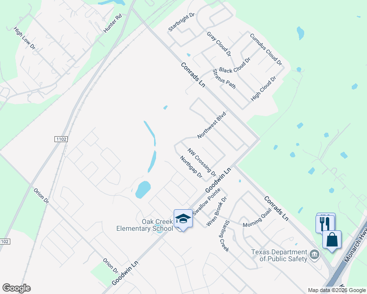 map of restaurants, bars, coffee shops, grocery stores, and more near New Braunfels Street in New Braunfels