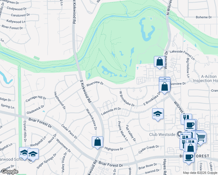 map of restaurants, bars, coffee shops, grocery stores, and more near Riverview Drive in Houston