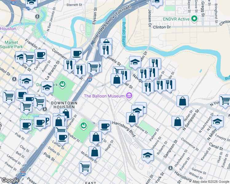 map of restaurants, bars, coffee shops, grocery stores, and more near Commerce Street in Houston