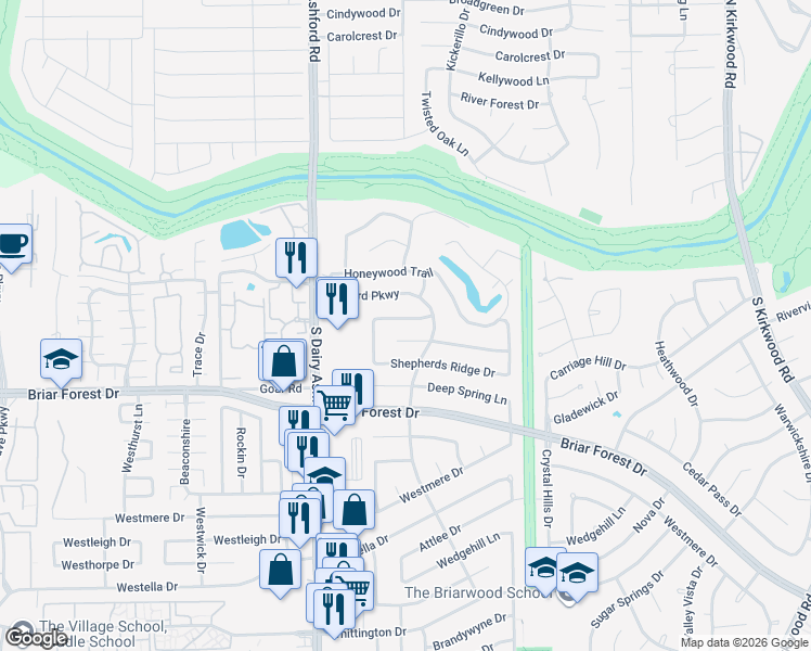 map of restaurants, bars, coffee shops, grocery stores, and more near 12519 Hazelwood Lane in Houston