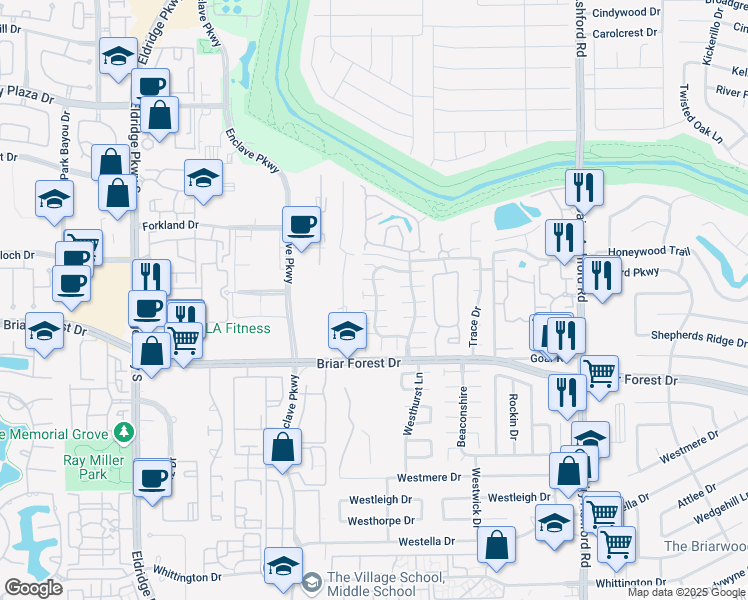 map of restaurants, bars, coffee shops, grocery stores, and more near 12800 Briar Forest Drive in Houston