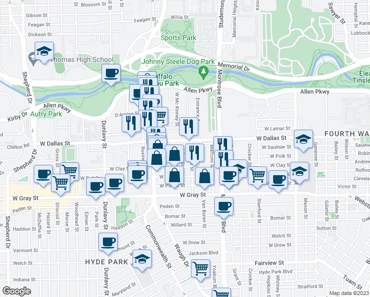 map of restaurants, bars, coffee shops, grocery stores, and more near 1015 La Rue Street in Houston