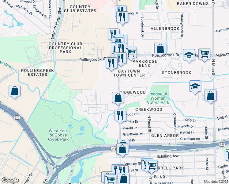 map of restaurants, bars, coffee shops, grocery stores, and more near 3307 Garth Road in Baytown