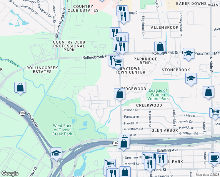 map of restaurants, bars, coffee shops, grocery stores, and more near 3307 Garth Road in Baytown