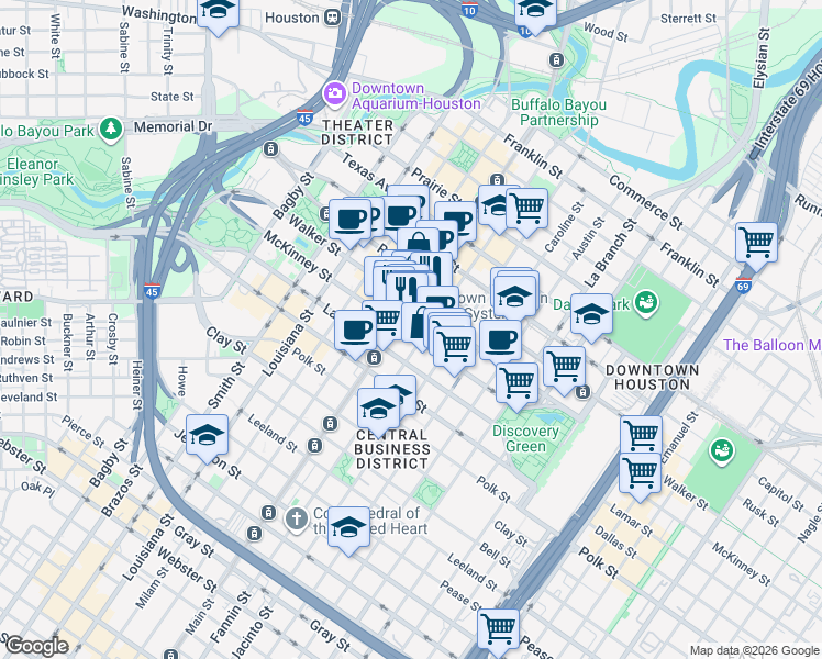 map of restaurants, bars, coffee shops, grocery stores, and more near in Houston