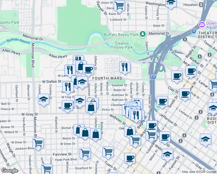 map of restaurants, bars, coffee shops, grocery stores, and more near 1301 Saulnier Street in Houston
