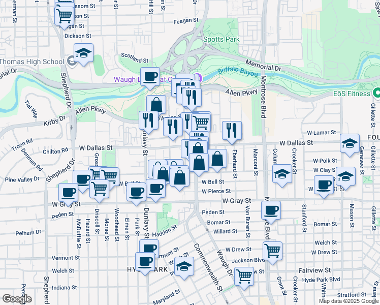 map of restaurants, bars, coffee shops, grocery stores, and more near 1010 Waugh Drive in Houston