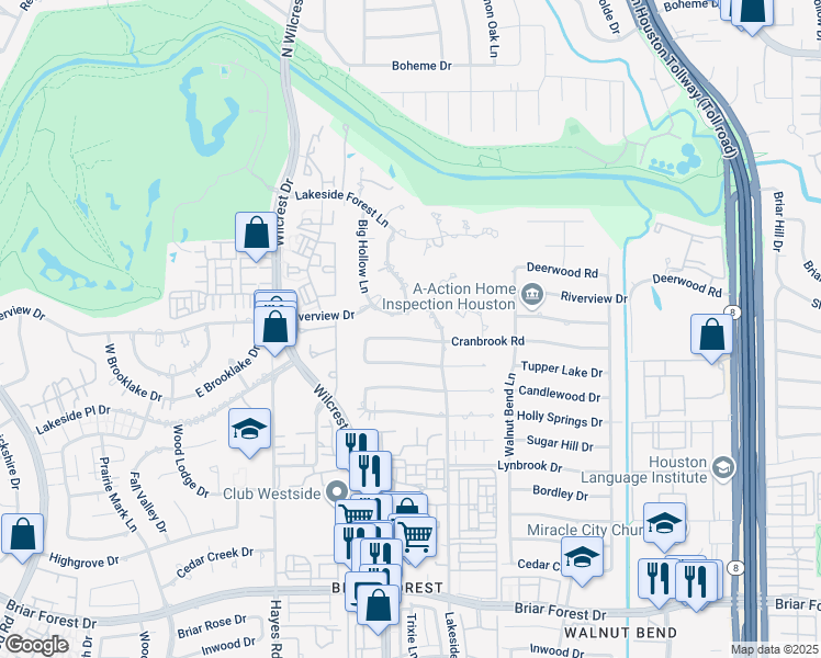map of restaurants, bars, coffee shops, grocery stores, and more near 10911 Riverview Drive in Houston