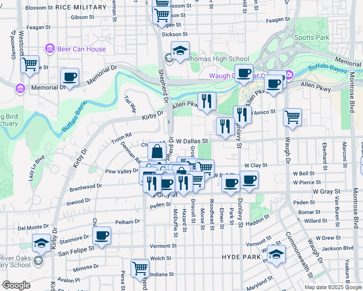 map of restaurants, bars, coffee shops, grocery stores, and more near 1005 Shepherd Drive in Houston
