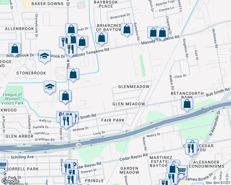 map of restaurants, bars, coffee shops, grocery stores, and more near 602 Meadowick Drive in Baytown