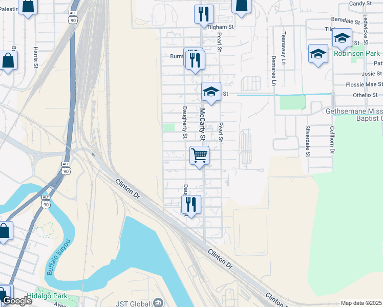 map of restaurants, bars, coffee shops, grocery stores, and more near 8010 Buchanan Street in Houston
