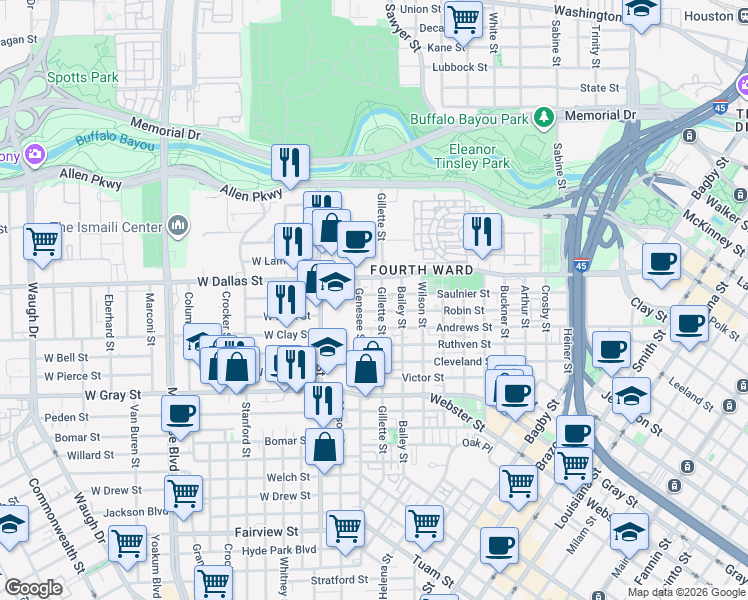map of restaurants, bars, coffee shops, grocery stores, and more near 1608 Saulnier Street in Houston