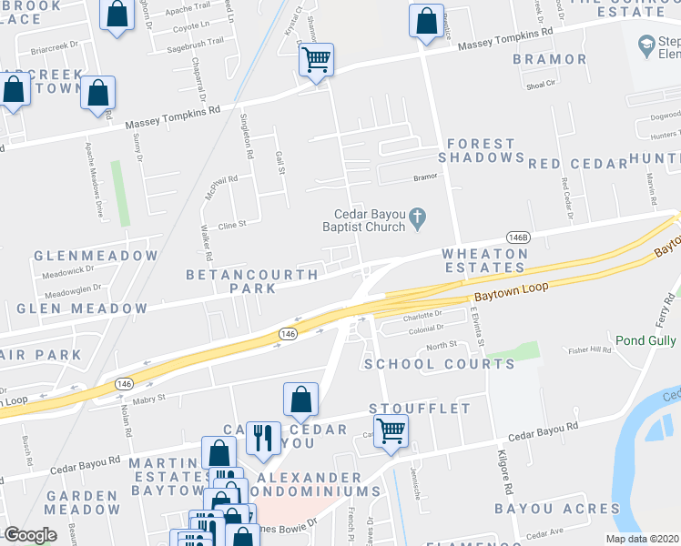 map of restaurants, bars, coffee shops, grocery stores, and more near 1681 Bob Smith Road in Baytown
