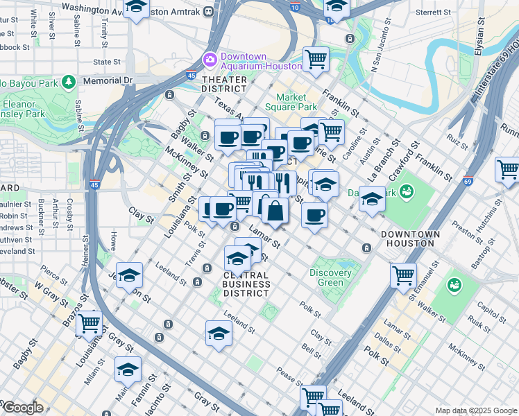 map of restaurants, bars, coffee shops, grocery stores, and more near 1001 McKinney Street in Houston