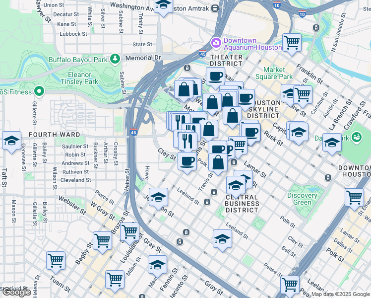 map of restaurants, bars, coffee shops, grocery stores, and more near 1241-1299 Smith Street in Houston