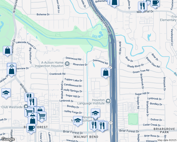 map of restaurants, bars, coffee shops, grocery stores, and more near Harbor Oaks Drive in Houston